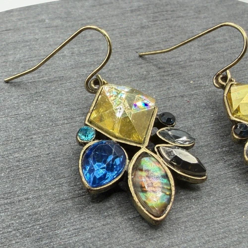 Multicolor Rhinestone Abalone Look Gold Tone Dangle Earrings Boho Statement